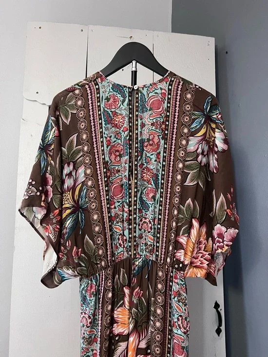 Farm Rio Anthropologie Valentina Floral Maxi Dress Brown Boho Kimono Sleeve Sz S - Picture 4 of 16